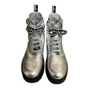 MonnaLisa Silver Combat Boots with Rhinestone Bow